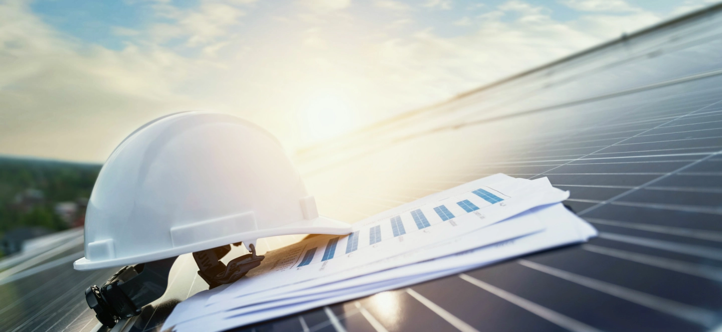 Casco di protezione e documentazione tecnica posti su un impianto fotovoltaico