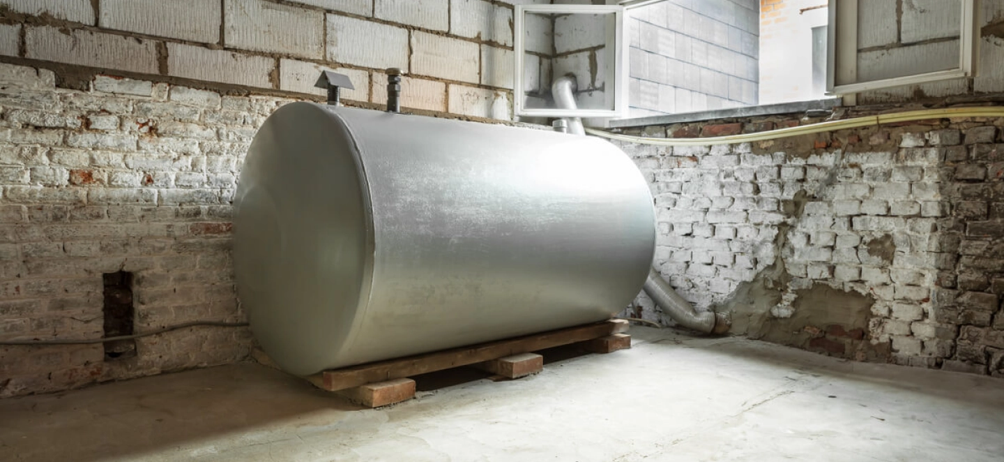 Ein großer alter Heizöl-Tank steht im Keller und wird von einer modernen Wärmepumpenheizung ersetzt.