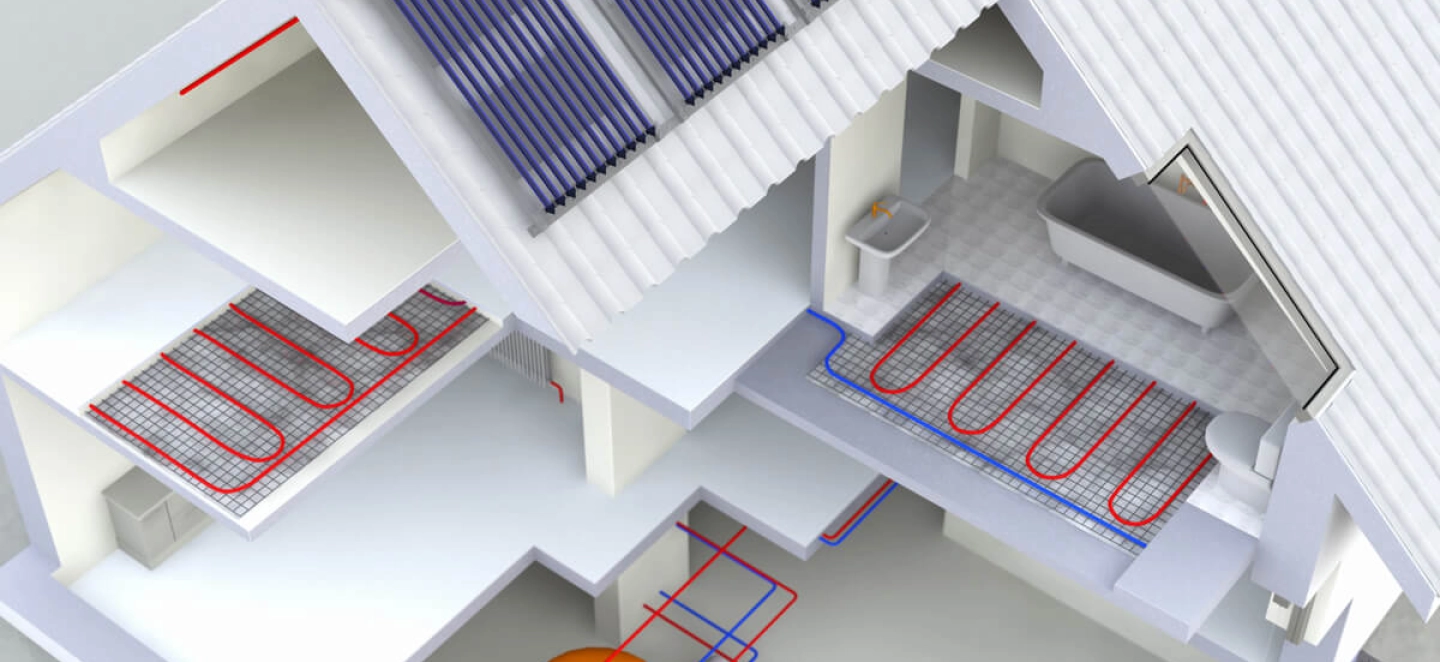 Grafik eines Hauses mit Solarthermie-Modulen auf dem Dach und einem passenden Heizsystem im Haus.