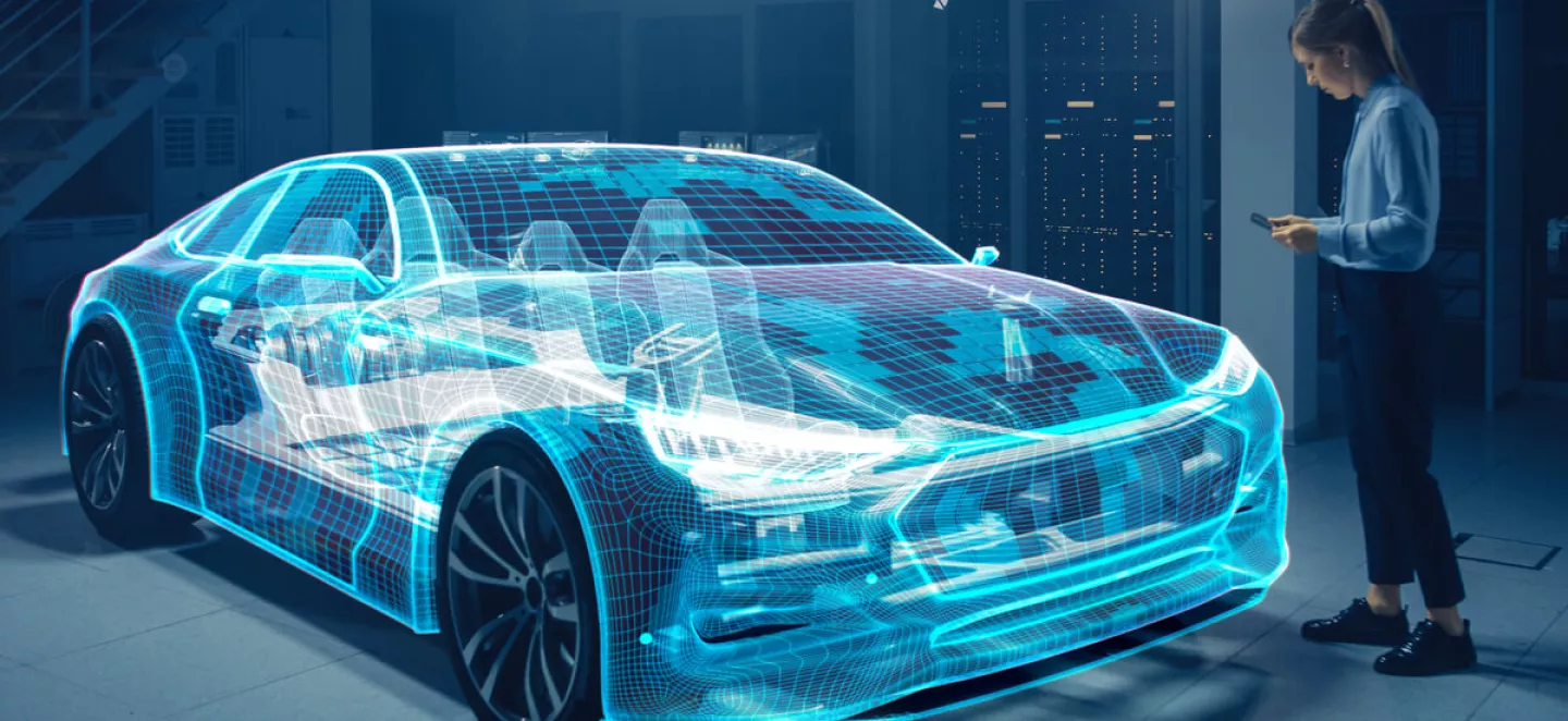 Die Grafik zeigt ein Elektroauto in transparenter Gestaltung, sodass man die Komponenten im Inneren sehen kann.