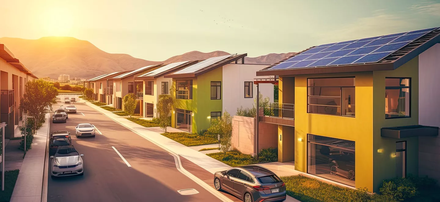 vicinato con case con impianto fotovoltaico sul tetto al crepuscolo