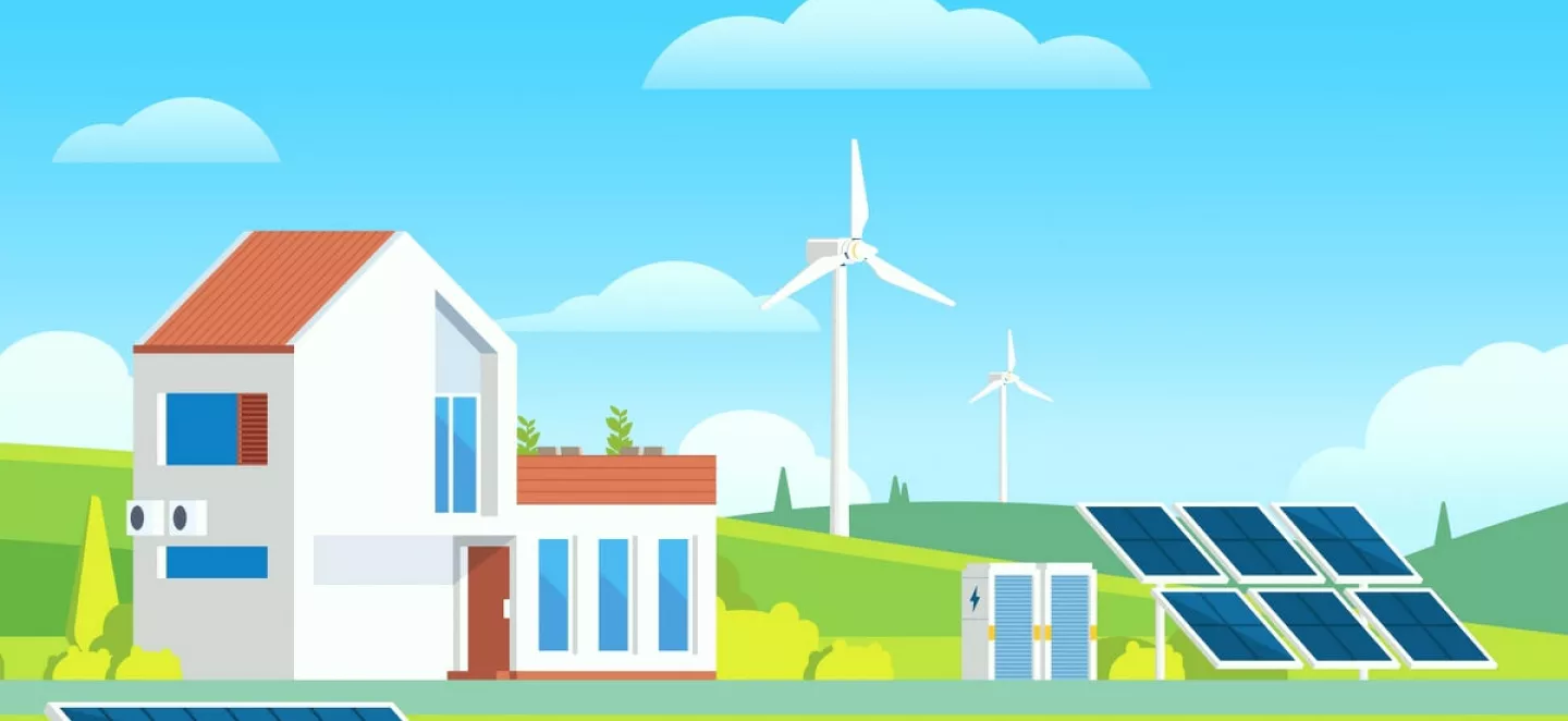 Die Grafik zeigt ein autarkes Haus mit Solaranlage, Windanlage, Wallbox und Wärmepumpenheizung.
