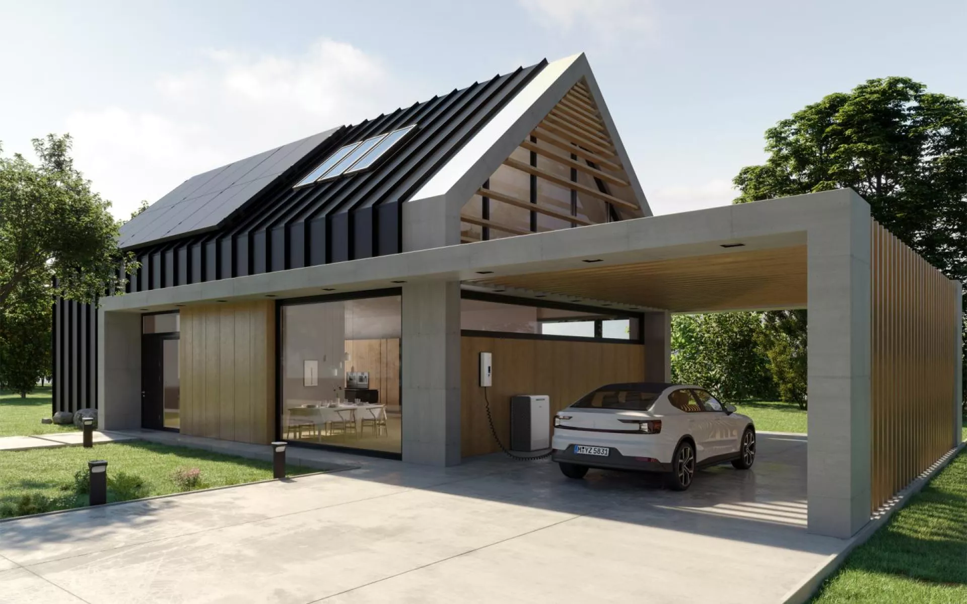 Ein modernes Haus mit Solaranlage auf dem Dach, einem Carport mit einem E-Auto und einer Ladestation plus Strom-Cloud zum Tanken unterwegs.