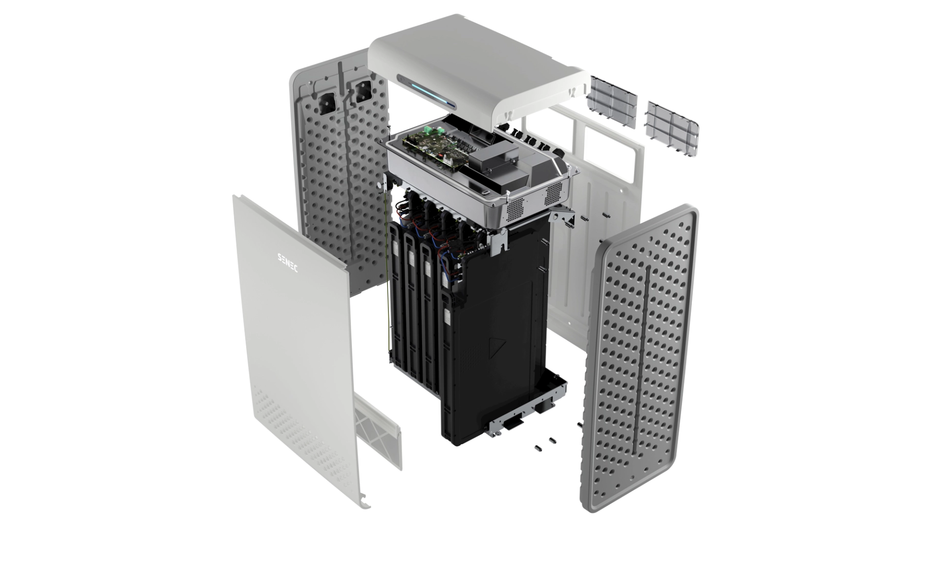 Ein Stromspeicher in all seinen Bestandteilen. Gut zu sehen ist, dass die Menge der Speichermodule variabel ist, damit jeder Kunde den idealen Speicher für seine Bedürfnisse bekommt.