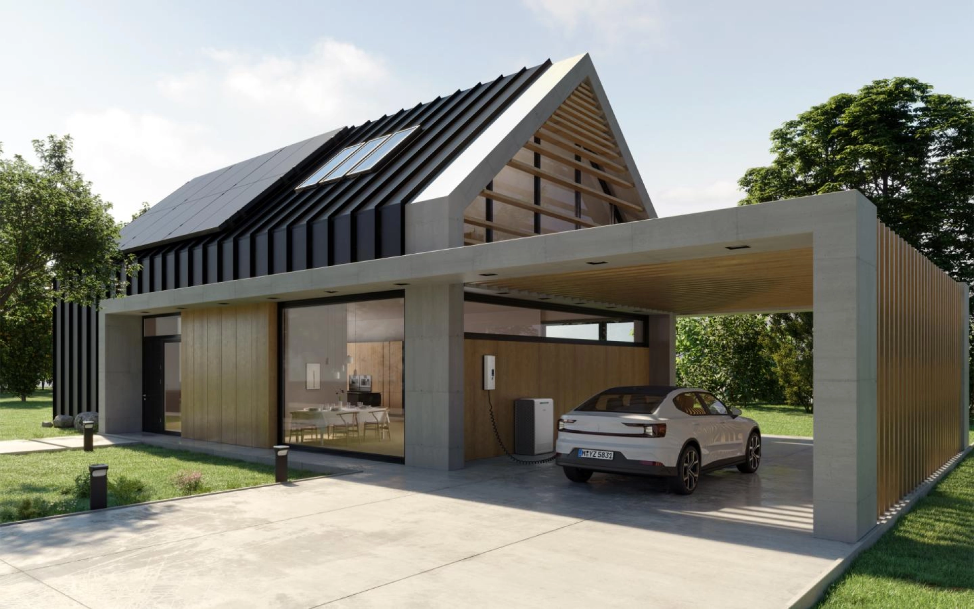 Ein Eigenheim mit einem Carport, in dem ein Elektroauto mit eigener Wallbox geladen wird.