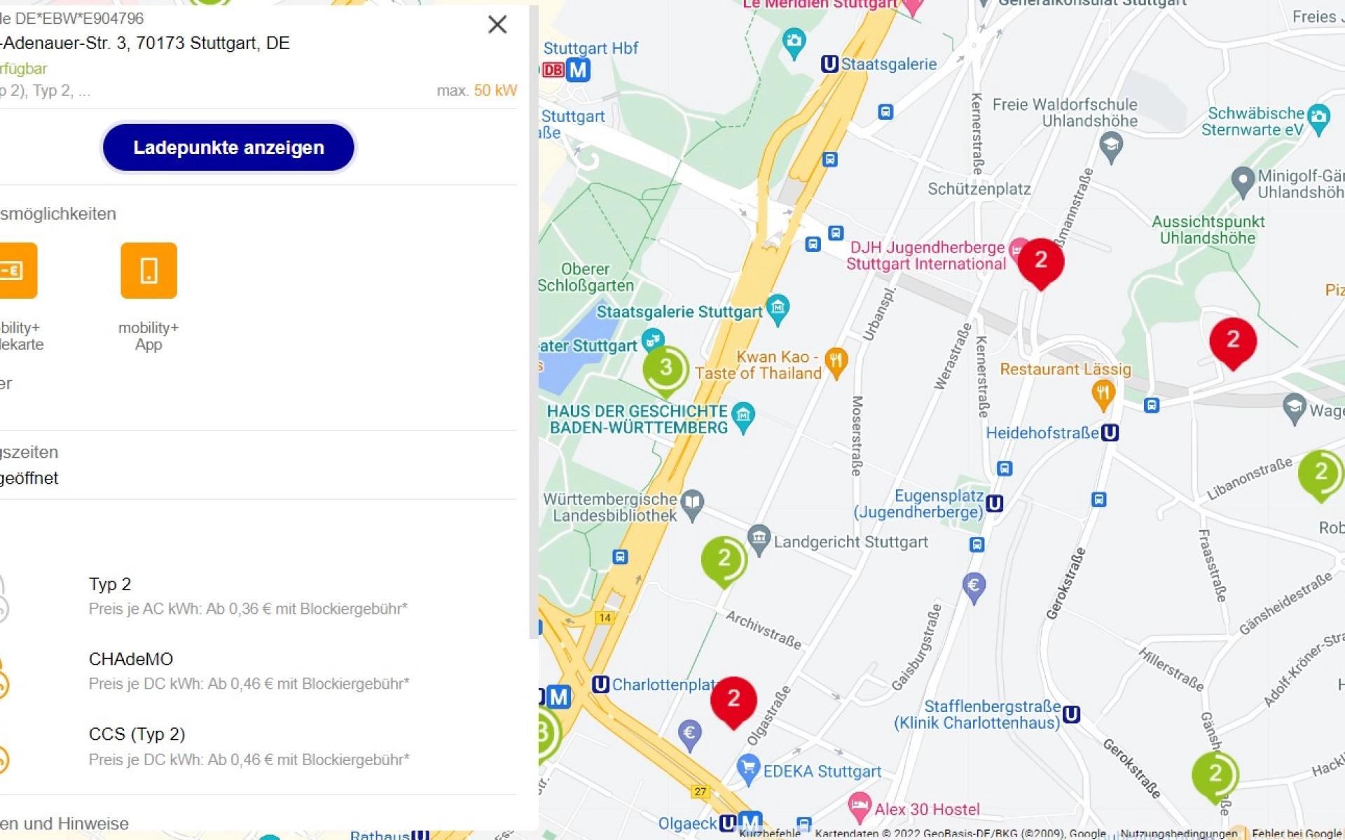 Die Detailansicht der digitalen Karte zeigt die genau Adresse der jeweiligen Ladesäule und Bezahloptionen.