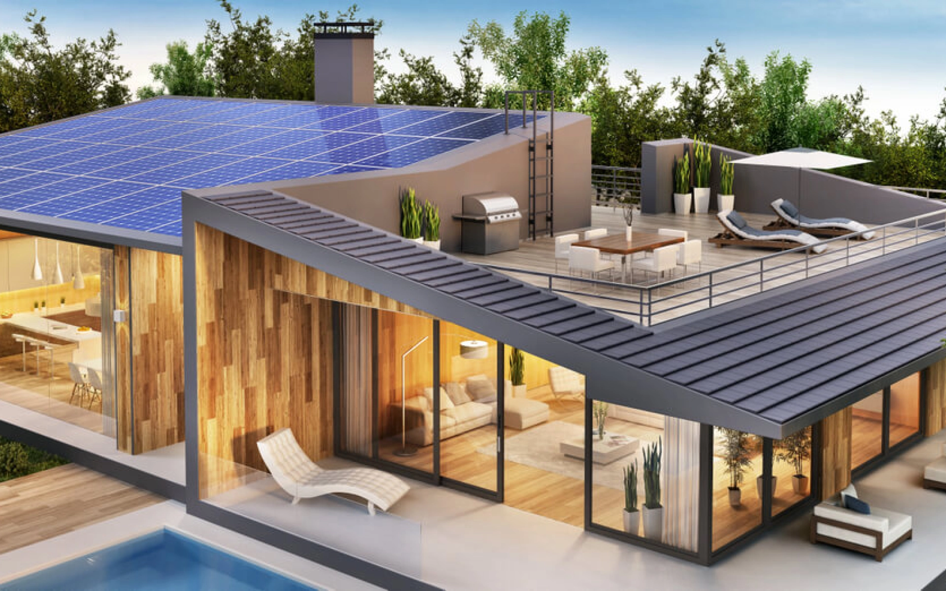 Modernes Wohnhaus mit Indach-Solar-Anlage. 