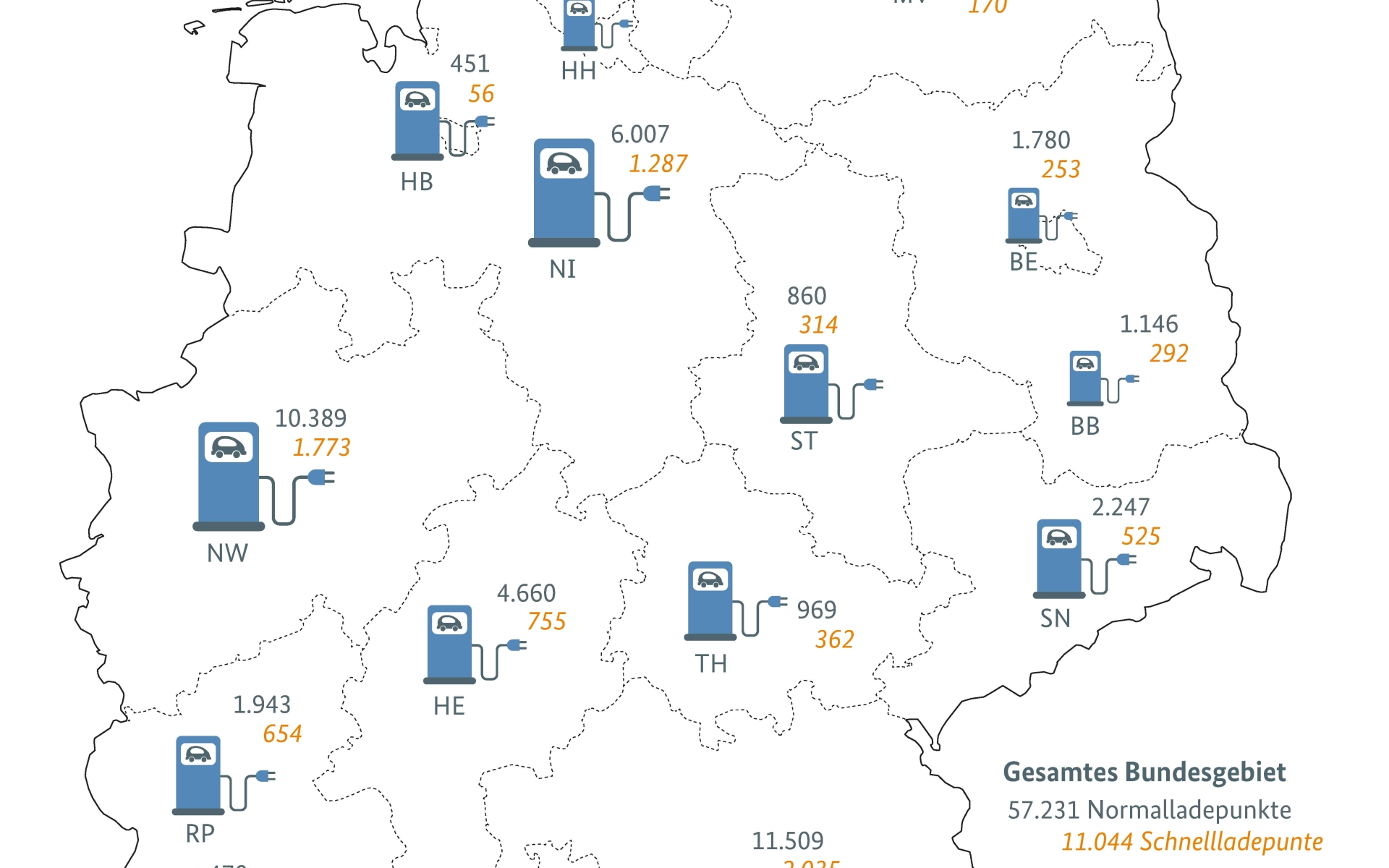 Deutschlandkarte mit allen Ladestationen für Elektroautos.