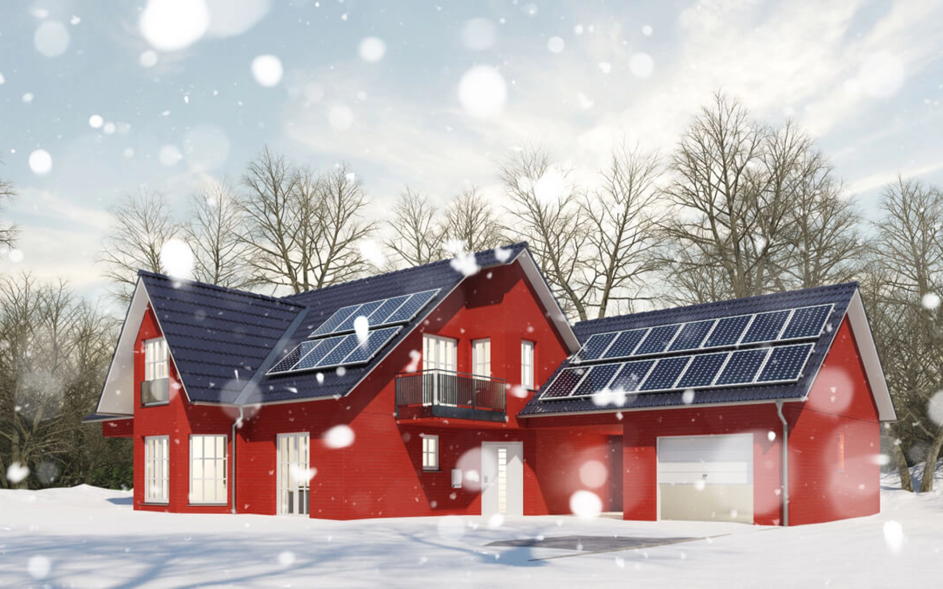 Ein rotes Haus im Winter mit dickem Schnee und Solarmodulen auf dem Dach.