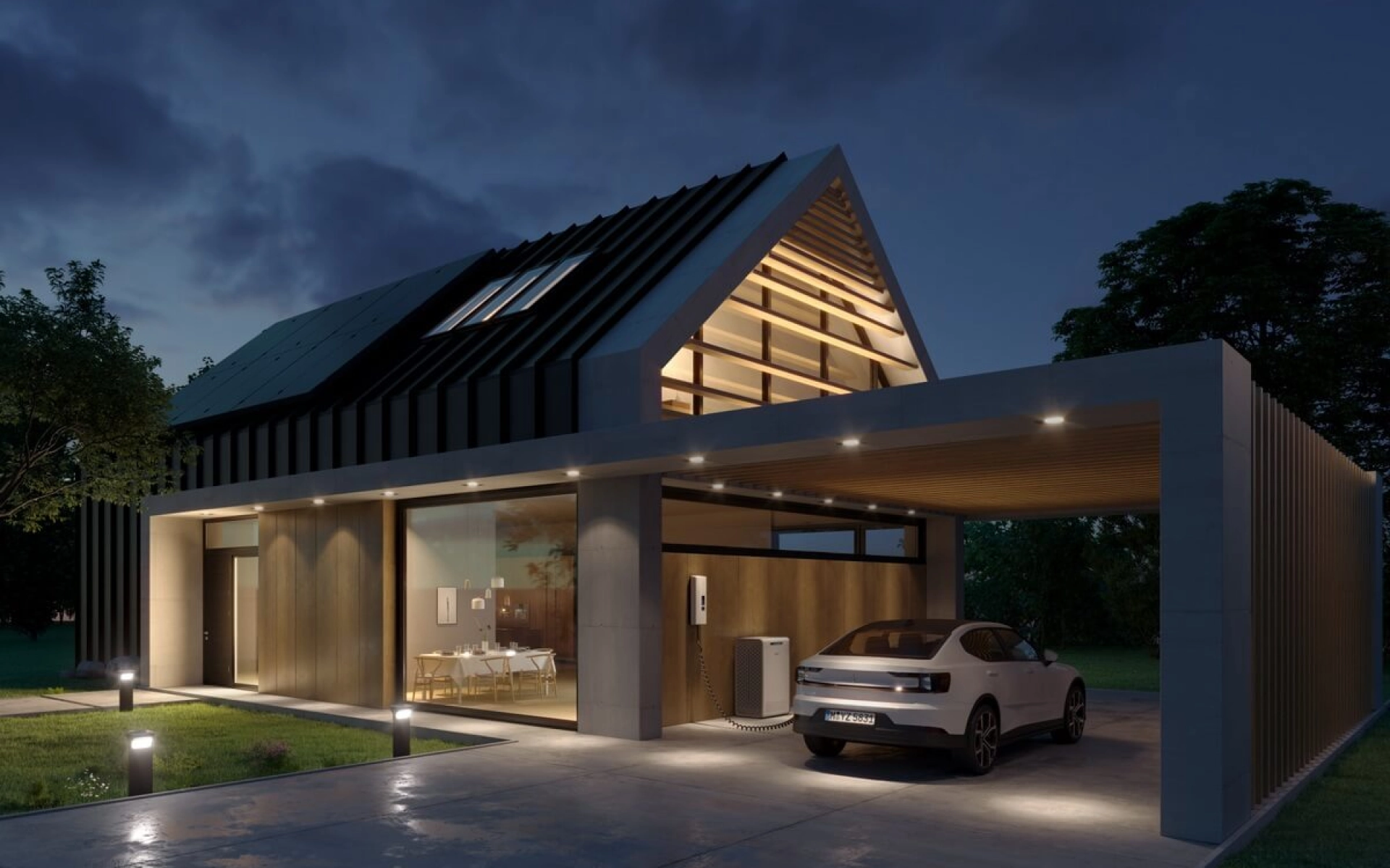 Ain autonomes Haus mit Carport, Elektroauto und Ladestation.