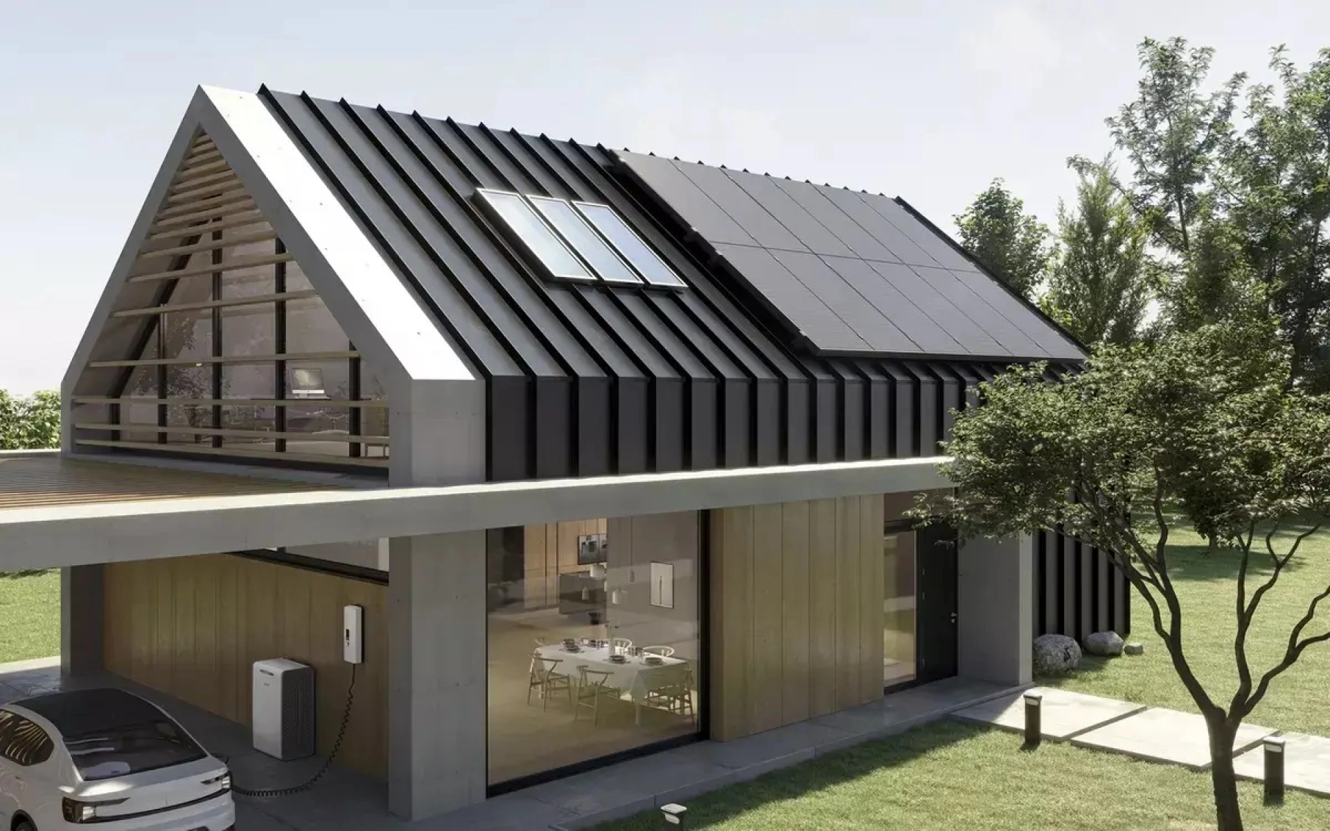 Ein modernes Haus mit einer neuen Photovoltaik-Anlage auf dem Dach.