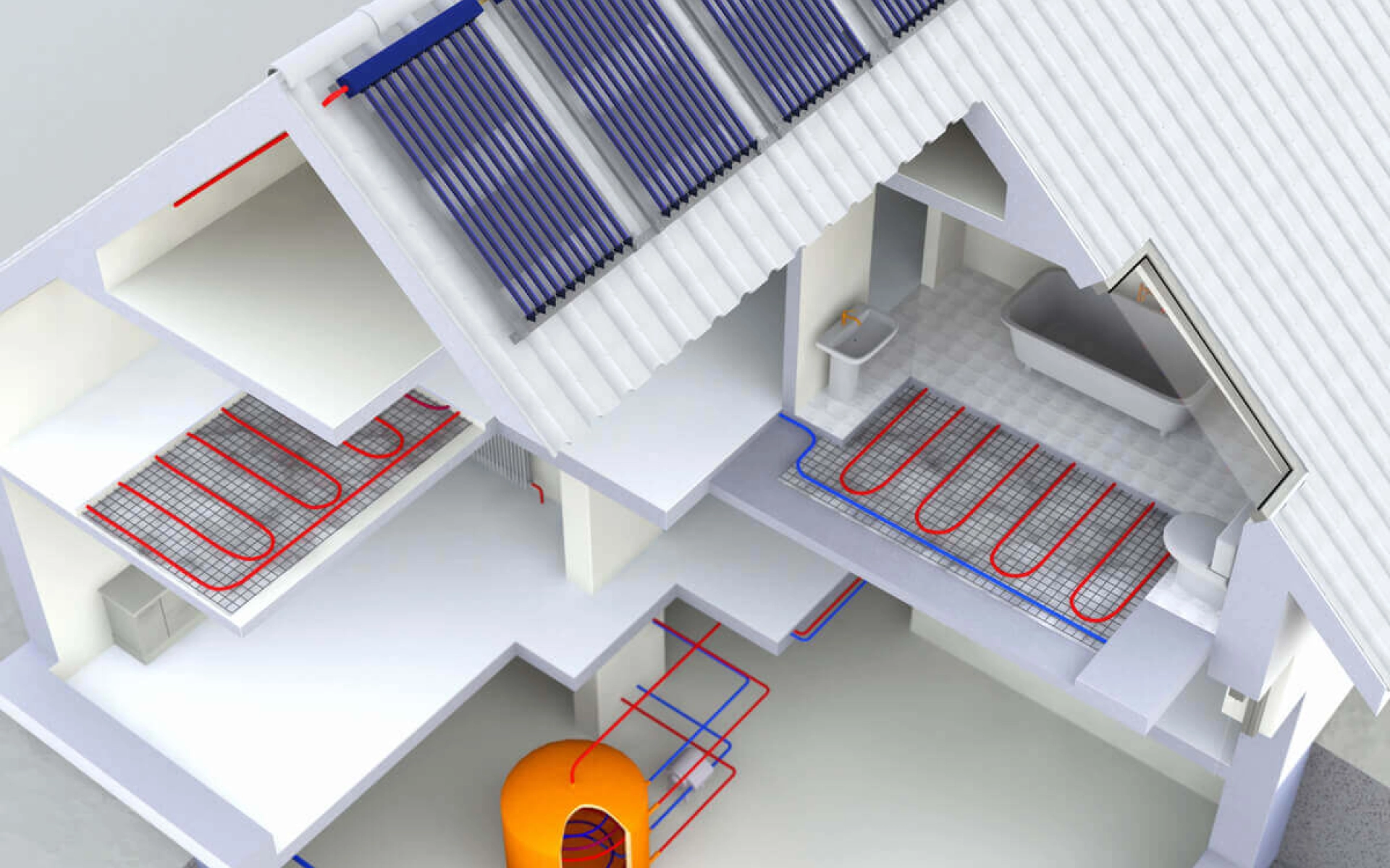 Die Grafik zeigt eine Solarthermie-Anlage und wie sie arbeitet.