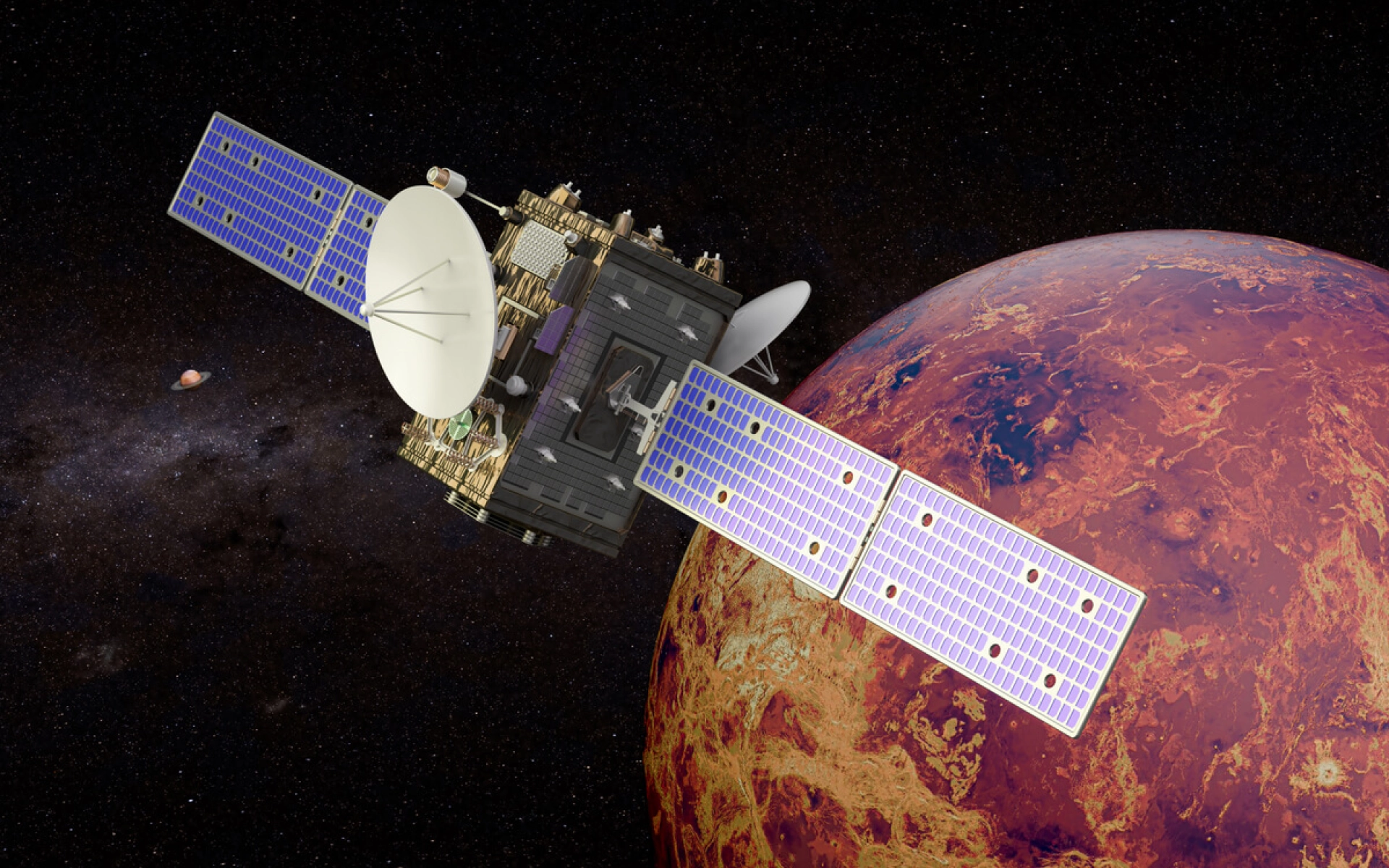 Eine Raumsonde kreist um einen Planeten im Weltall und erzeigt Strom mit Solarzellen.
