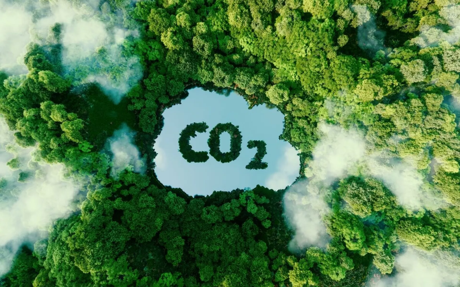 Ein grünes Waldstück von oben mit einem See in der Mitte, in dem das Wort CO2 steht.