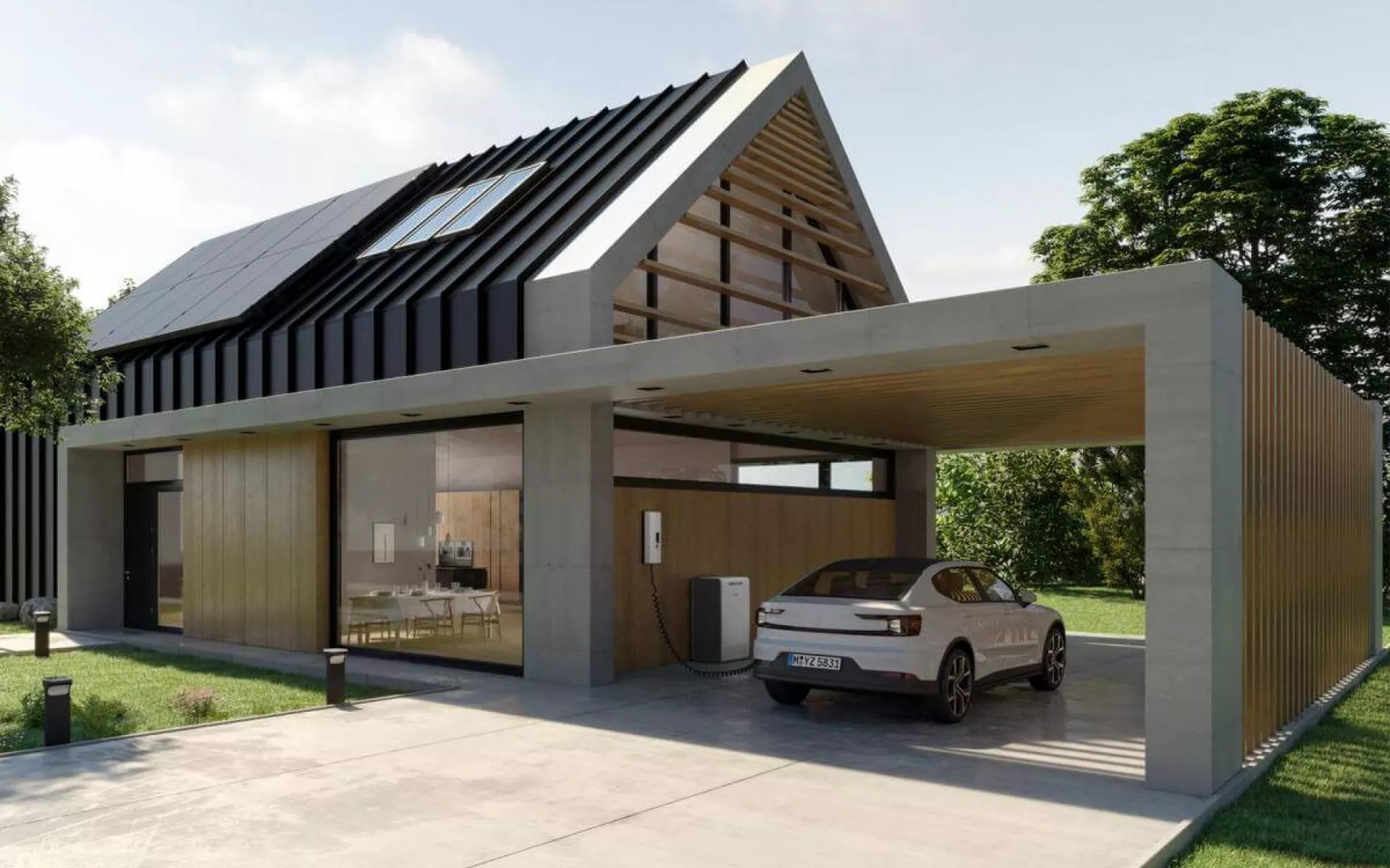 Ein autarkes Haus mit Carport, E-Auto und Wallbox.