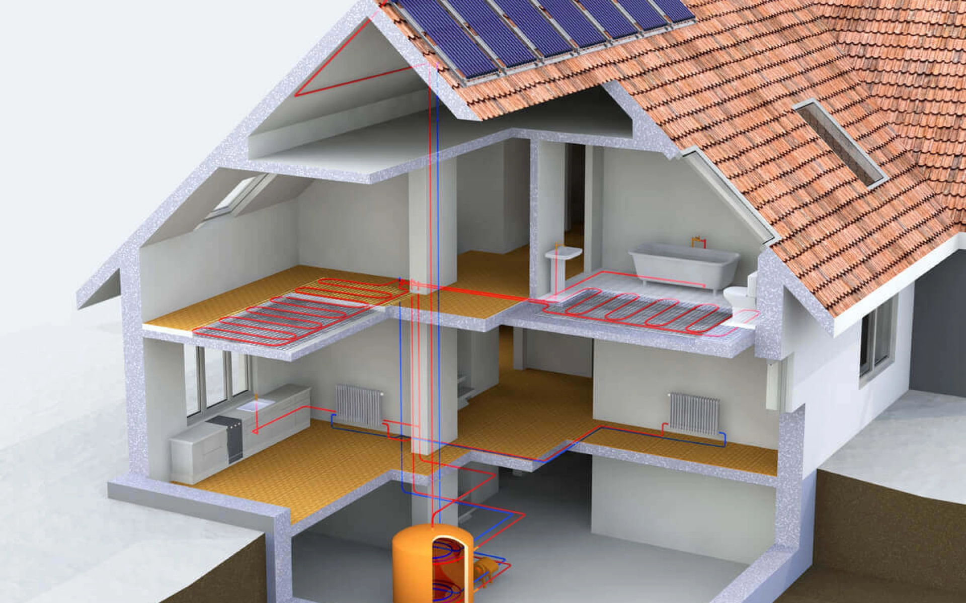 Die Grafik zeigt den Aufbau einer Solarthermie-Anlage in einem Haus-Querschnitt.