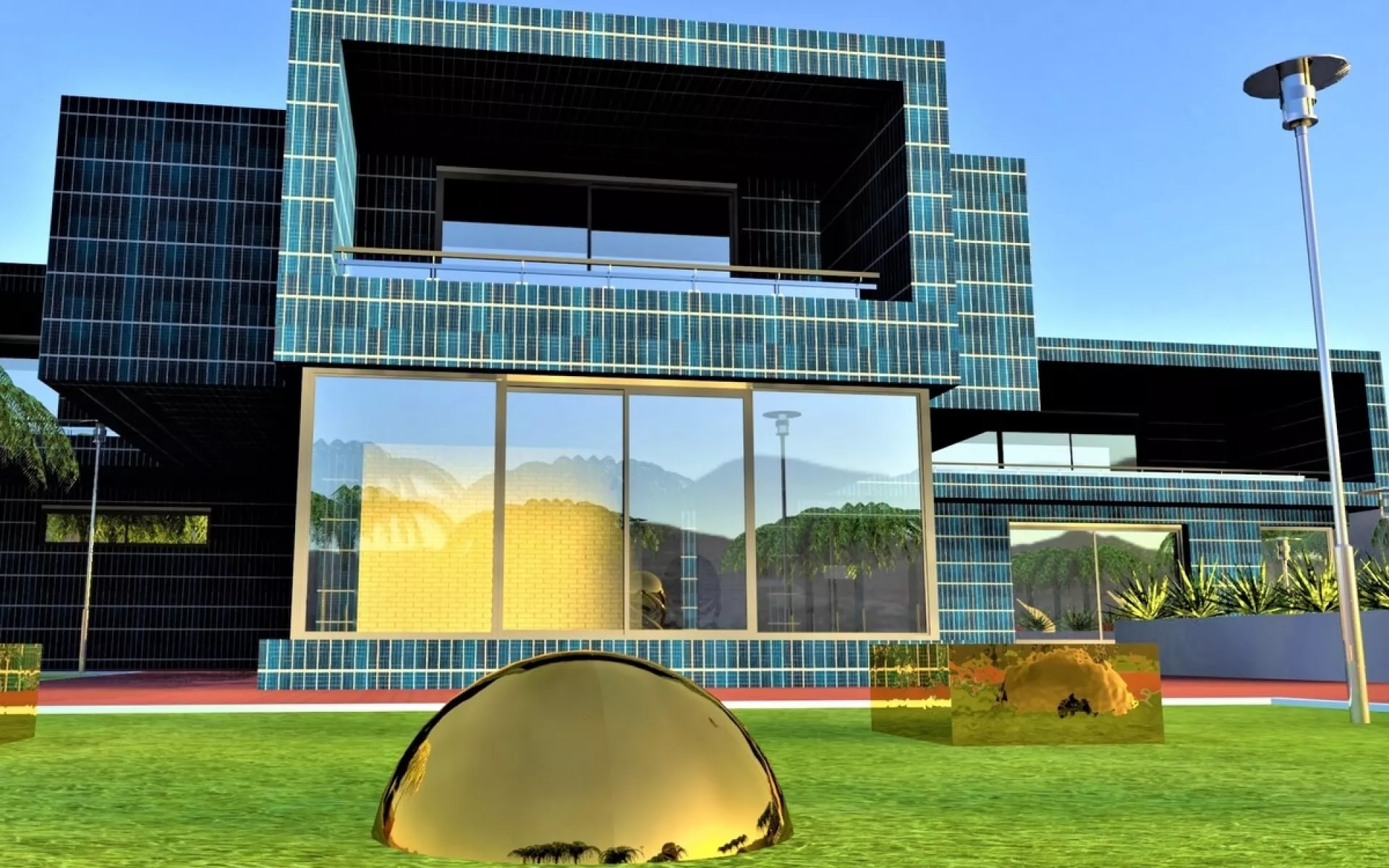 Entwurf eines modernen Hauses mit kompletter Fassade aus Solar-Panels.