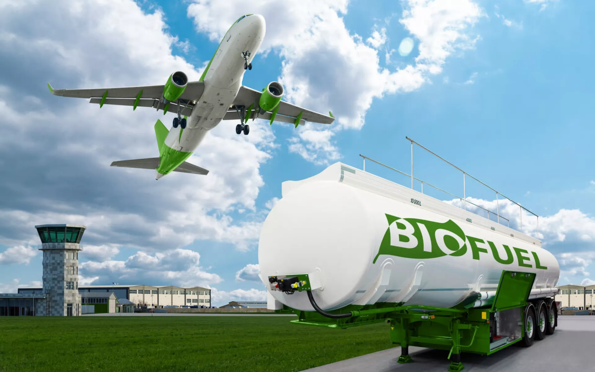Ein Flugzeug startet und im Vordergrund steht ein Tankwagen mit der Aufschrift Bio-Fuel.
