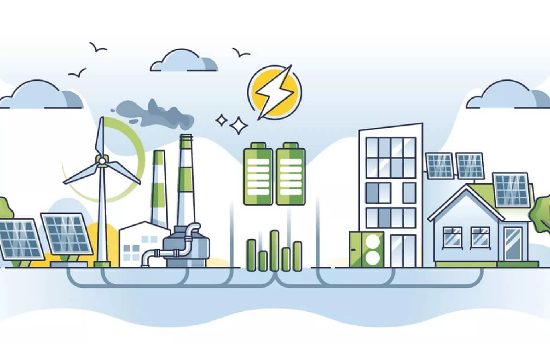 Die Grafik zeigt eine zukünftige Stadt, in deren Mitte symbolisch eine große Batterie steht.