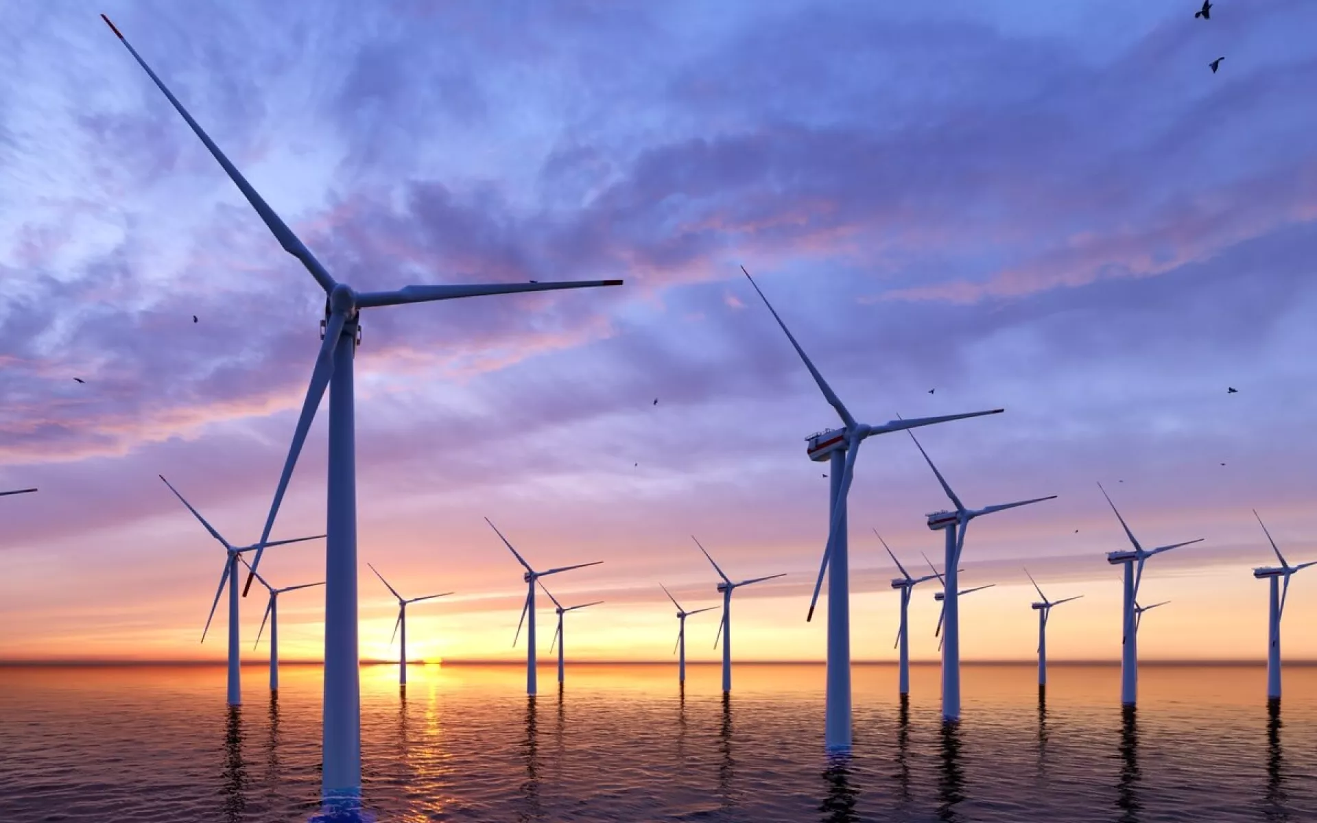 Ein Wind-Rad-Park auf dem Wasser bei Sonnenaufgang.