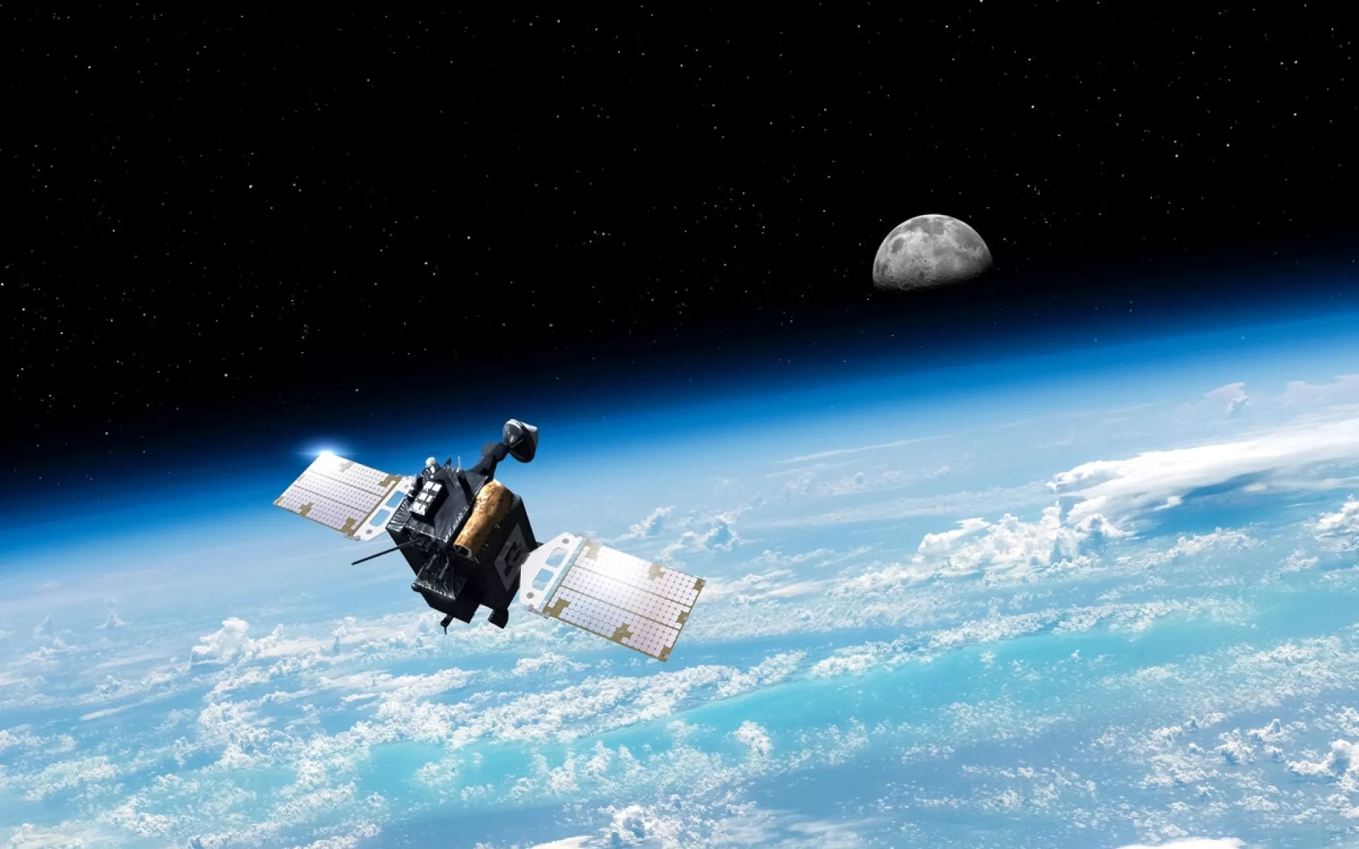Eine Weltraum-Sonde mit Solarmodulen in der Umlaufbahn der Erde.