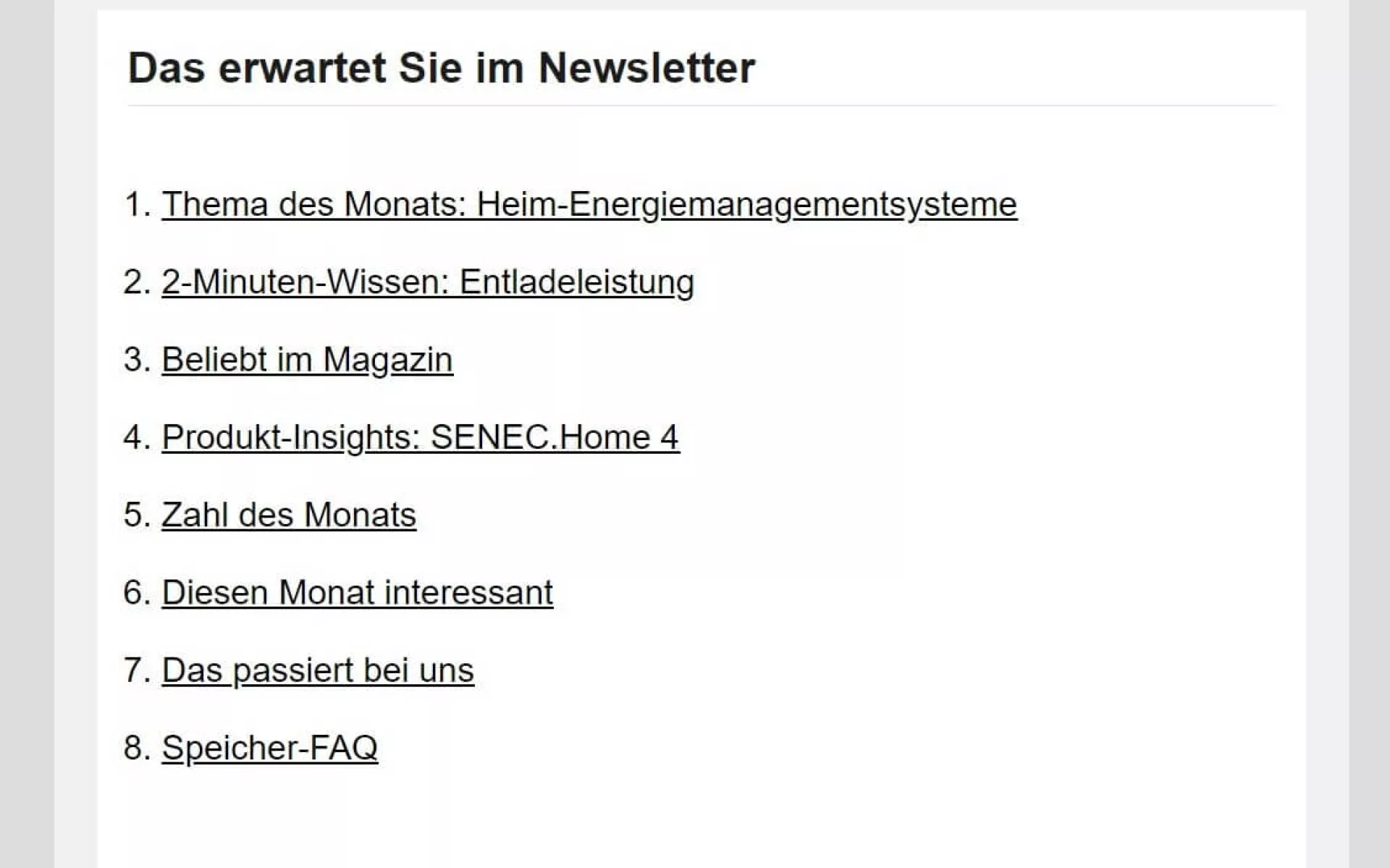 Beispiel für ein klickbares Inhaltsverzeichnis am Anfang eines Newsletters.