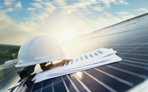 Construction helmet and technical documents on photovoltaic system