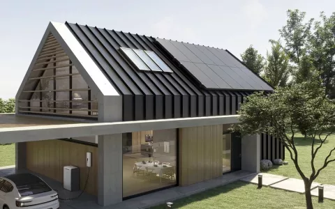 Modernes Haus mit Solarmodulen zur Stromerzeugung.