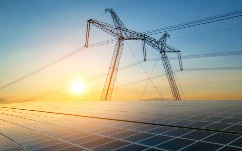Im Vordergrund ist eine Solaranlage und im Hintergrund ist ein öffentlicher Hochspannungsmast und am Horizont ist der Sonnenaufgang zu sehen.