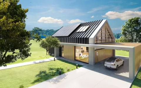 SENEC.360 Produkte in einem modernen Haus mit Garten und Elektroauto