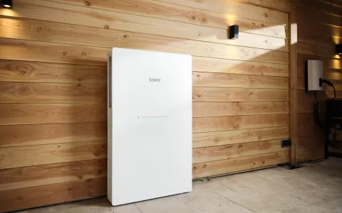 SENEC.Home E4 an Garagenwand neben SENEC.Wallbox plus