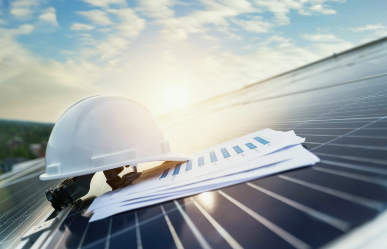 Casco di protezione e documentazione tecnica posti su un impianto fotovoltaico