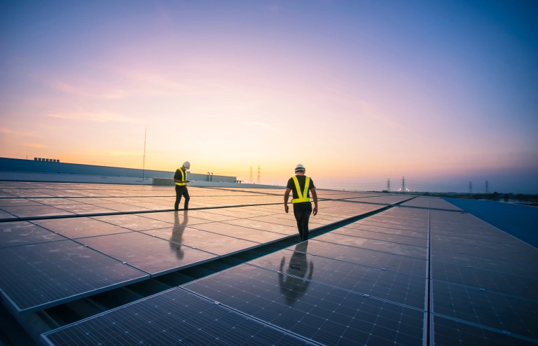 Zwei Installateure arbeiten an einem großen Solarfeld bei Sonnenaufgang.