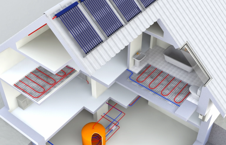 Die Grafik zeigt den Querschnitt eines Hauses, das eine Wärmepumpenheizung hat, die über Solarenergie betrieben wird. 