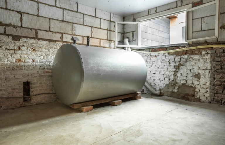 Ein großer alter Heizöl-Tank steht im Keller und wird von einer modernen Wärmepumpenheizung ersetzt.