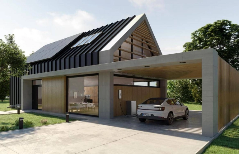 Einfamilienhaus mit Photovoltaikanlage, Carport mit Wallbox und Stromspeicher zum Aufladen des E-Autos.