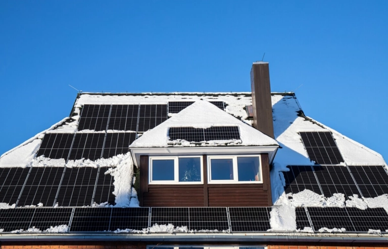 Eingeschneites Haus mit Solardach bei blauem Himmel im Winter.