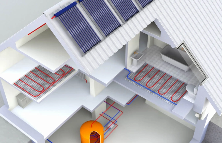 Grafik eines Hauses mit Solarthermie-Modulen auf dem Dach und einem passenden Heizsystem im Haus. 