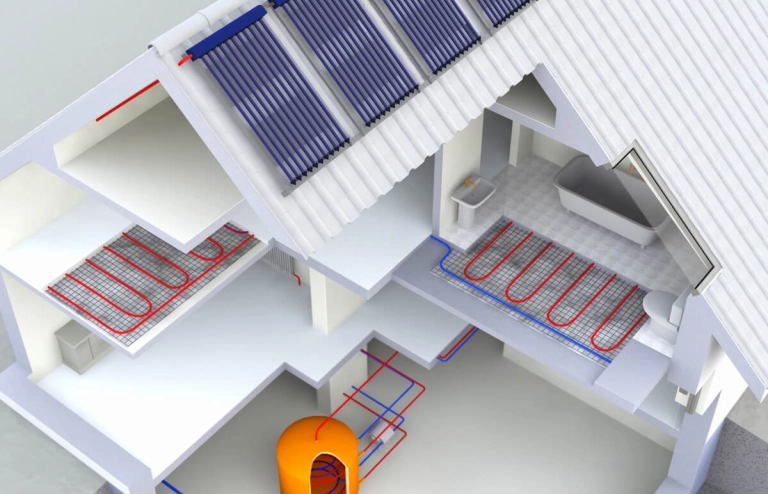 Grafik eines Hauses mit Solarthermie-Modulen auf dem Dach und einem passenden Heizsystem im Haus.