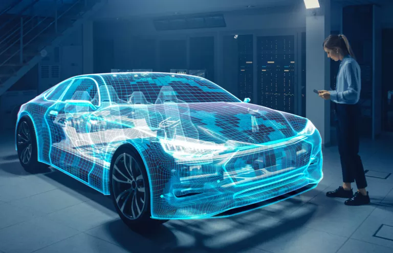 Die Grafik zeigt ein Elektroauto in transparenter Gestaltung, sodass man die Komponenten im Inneren sehen kann.