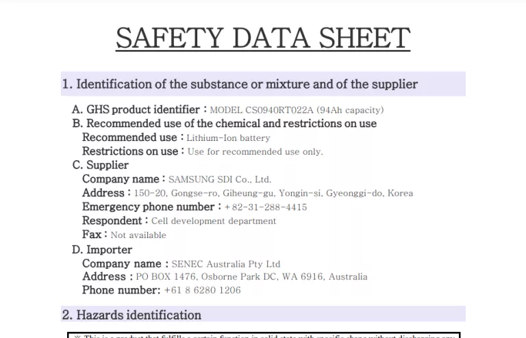 Preview of Samsung Safety Data Sheet