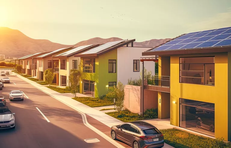 vicinato con case con impianto fotovoltaico sul tetto al crepuscolo