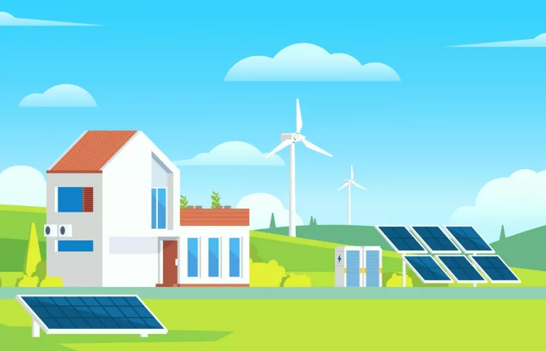 Die Grafik zeigt ein autarkes Haus mit Solaranlage, Windanlage, Wallbox und Wärmepumpenheizung.