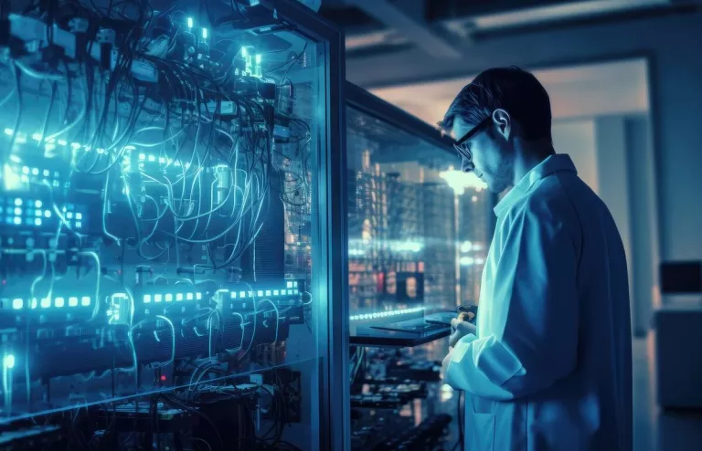 Ein IT-Profi steht vor einem großen Gerät mit vielen elektrischen Elementen.