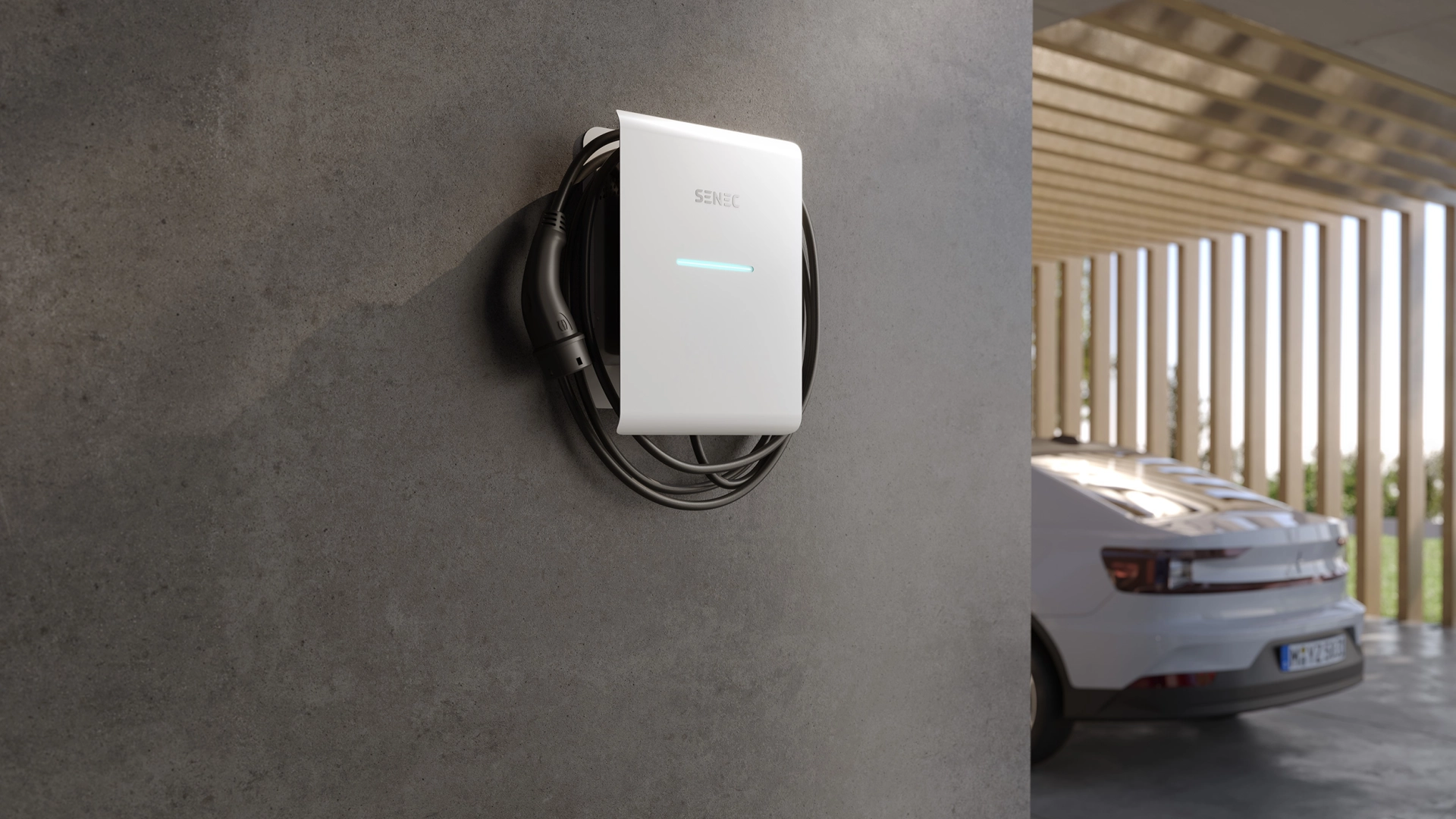 SENEC.Wallbox pro s on house wall next to e-car