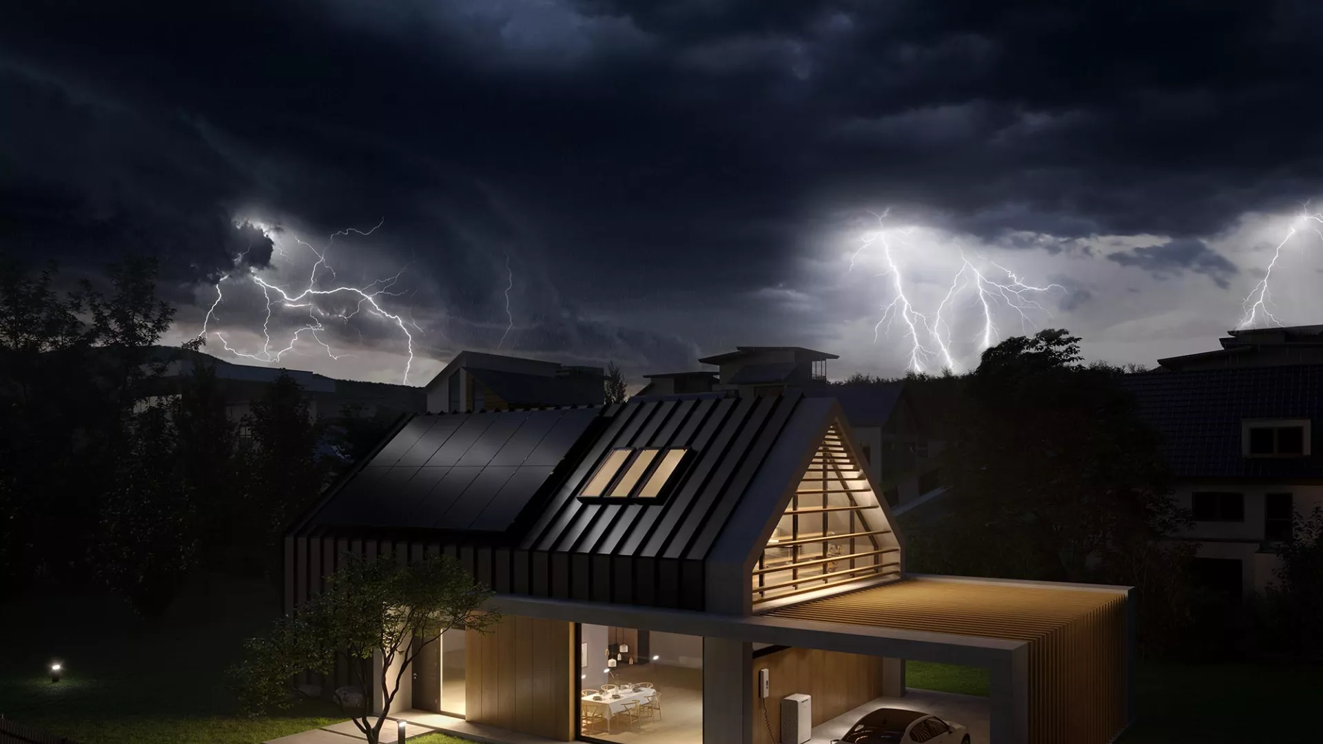Beleuchtetes Haus mit SENEC.360 Produkten bei Gewitter (Notstrom-Versorgung)