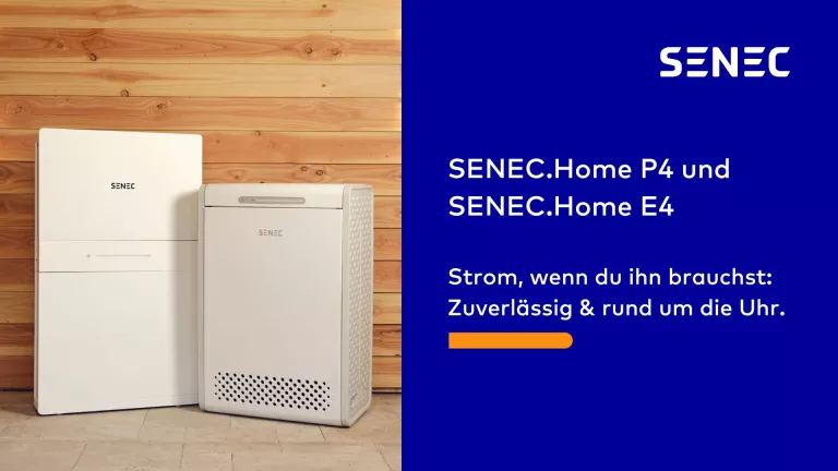 SENEC.Home E4 und P4 stehen vor Holzwand