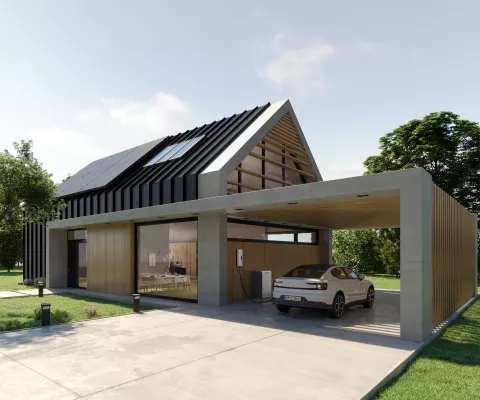 Casa moderna con prodotti SENEC.360 che include pannelli fotovoltaici, sistema di accumulo e stazione di ricarica elettrica 