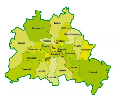 Die Grafik zeigt die Stadtkarte von Berlin mit allen Stadtvierteln.