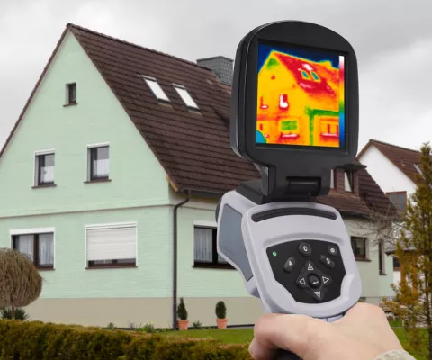 Mit einem Analysegerät wird der energetische Zustand eines alten Einfamilienhauses geprüft. Auf dem Display des Prüfgerätes sieht man Wärmefelder in verschiedenen Farben.